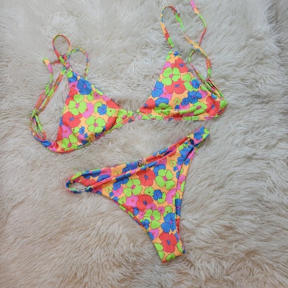 ☀️👙Bright Neon Smiley Hippie Triangle Groovy Bikini Set Small ✨
